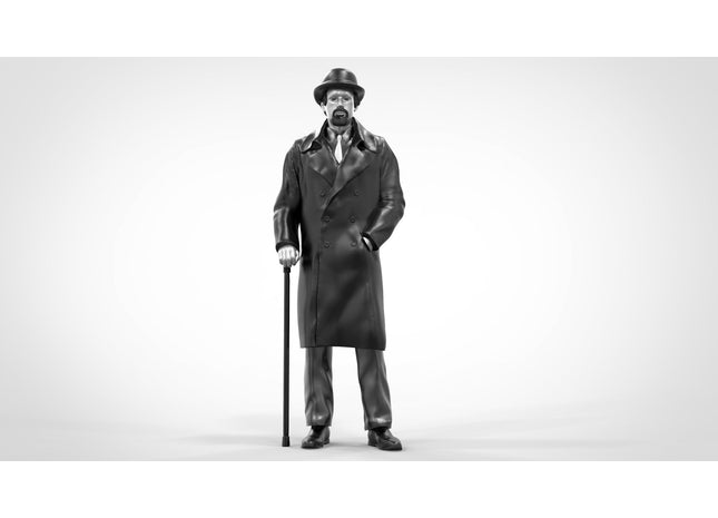Male In Bowler Hat Wearing Trench Coat With Walking Stick Figure