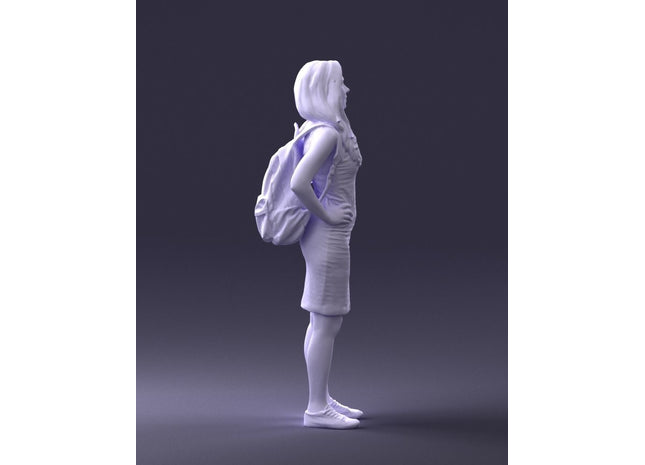 Young Girl In Dress And Small Rucksack On Back Figure