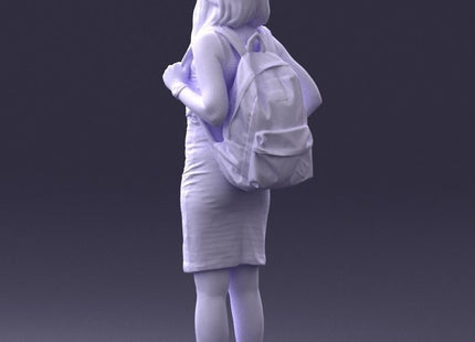 Young Girl In Dress And Small Rucksack On Back Figure
