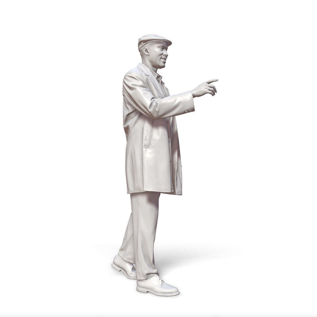 Walking Male In Coat Pointing Wearing Flat Cap Figure