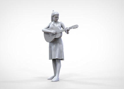Young Girl In Dress Busking With Guitar Figure